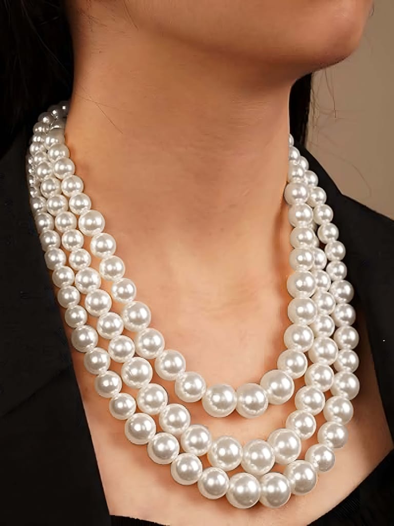 LUCKY JEWELLERY Fashion Jewelry for Women & Girls Three Layered Pearl Long Necklace Set|Pearl Necklace Set With Earrings|Birthday Gift Women Anniversary Gift for Wife Valentine Gift (400-CHSM-1294)