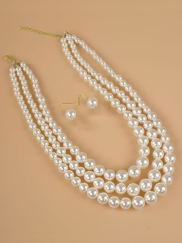 LUCKY JEWELLERY Fashion Jewelry for Women & Girls Three Layered Pearl Long Necklace Set|Pearl Necklace Set With Earrings|Birthday Gift Women Anniversary Gift for Wife Valentine Gift (400-CHSM-1294)