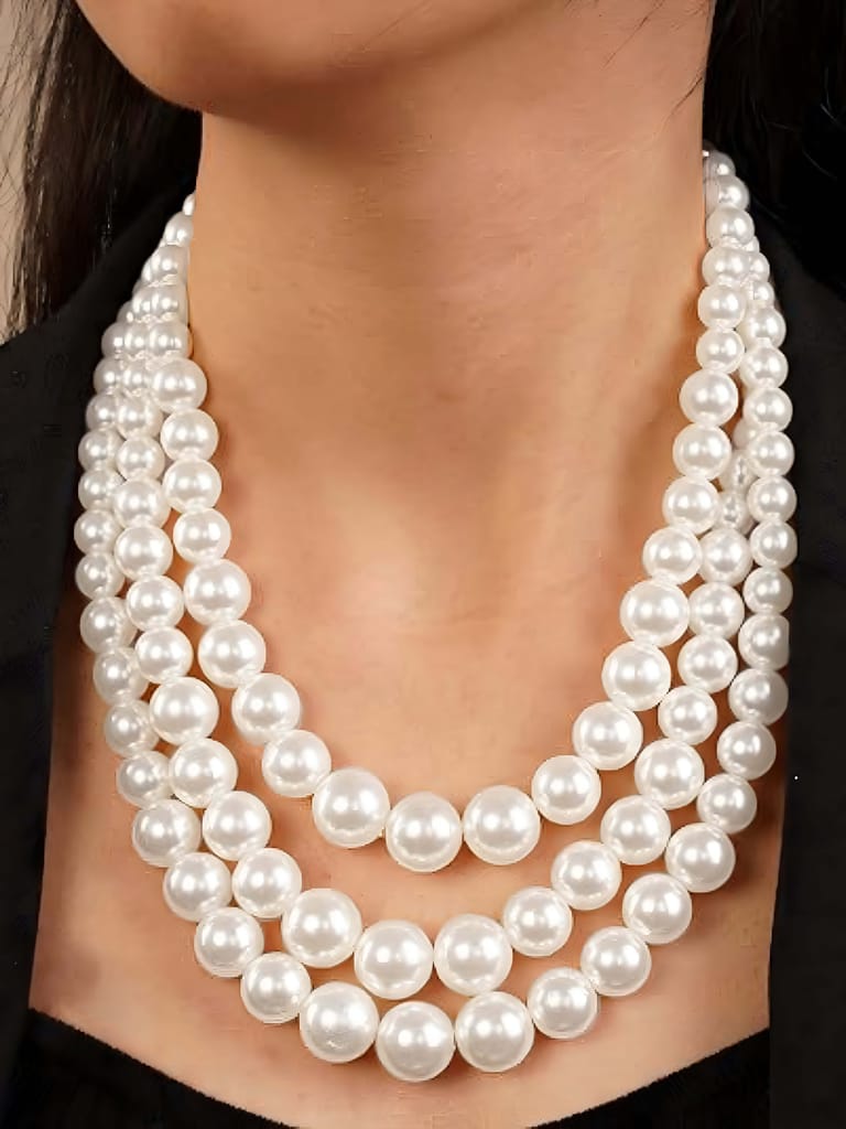 LUCKY JEWELLERY Fashion Jewelry for Women & Girls Three Layered Pearl Long Necklace Set|Pearl Necklace Set With Earrings|Birthday Gift Women Anniversary Gift for Wife Valentine Gift (400-CHSM-1294)