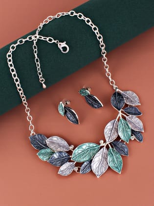 LUCKY JEWELLERY Fashion Jewelry for Women & Girls Necklace Set|Silver Plating Leaf Design Necklace With Earrings|Birthday Gift for Women Anniversary Gift for Wife Valentine Gift (480-CHSM1-1166-BLF)