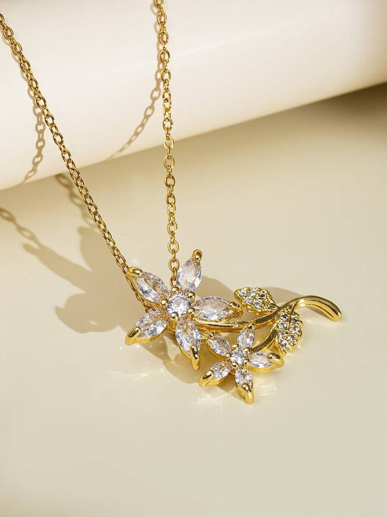 Lucky Jewellery Fashion Pendant Rhinestones Necklace Locket With Studs Long Chain Gold Plated Floral Design Pendants Chains Western Valentine Gifts Birthday For Girls & Women (330-CHL1S-1272)