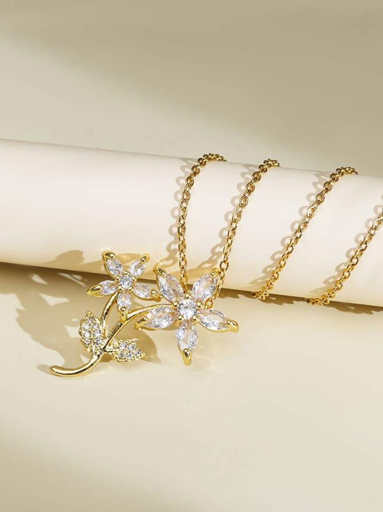 Lucky Jewellery Fashion Pendant Rhinestones Necklace Locket With Studs Long Chain Gold Plated Floral Design Pendants Chains Western Valentine Gifts Birthday For Girls & Women (330-CHL1S-1272)