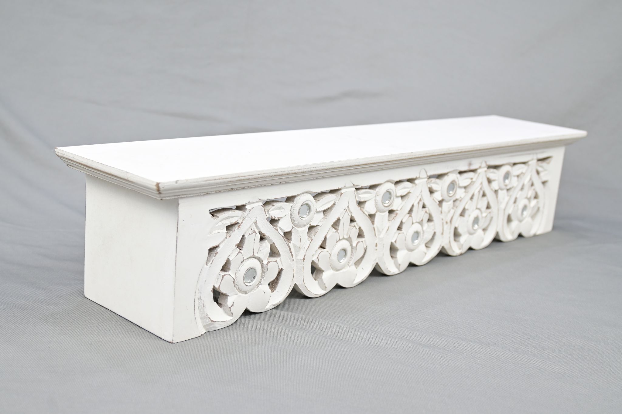 Wooden Craft Hand Carved and Painted Antique Solid Wood Flower Jali Design Wall Mounted Floating Shelf Wooden Wall Brackets Shelves (White Wash)