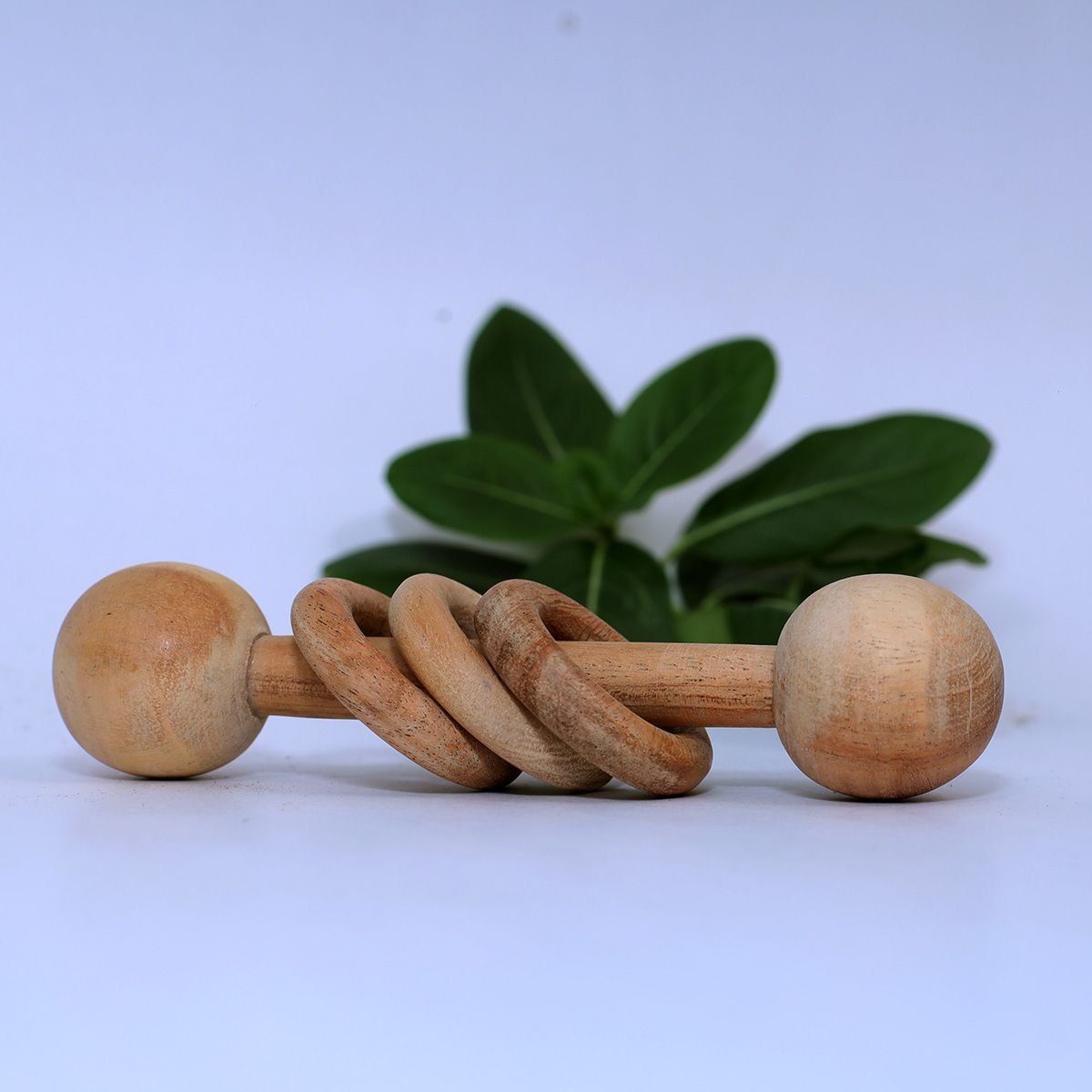 Greenwoods dumbbell rattle with rings made from Neem wood