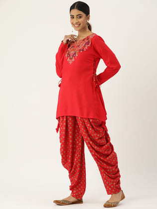 Women Embroidered Mirror Work Cotton Kurti with Dhoti Pants & With Shrug Women Embroidered Mirror Work Cotton Kurti with Dhoti Pants & With Shrug