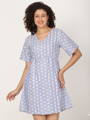 Blue Printed Fit and Flare Dress
