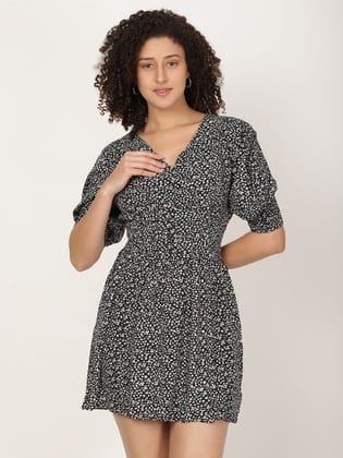 Printed Balloon Sleeves Dress