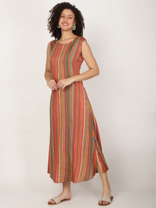 Striped Sleeveless Cotton A-line Kurta Striped Sleeveless Cotton A-line Kurta