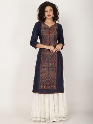 Ethnic Motifs Printed Thread Work Cotton Straight Kurta