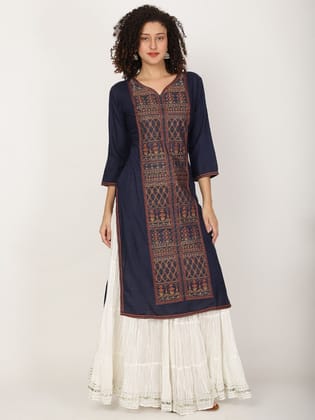 Ethnic Motifs Printed Thread Work Cotton Straight Kurta