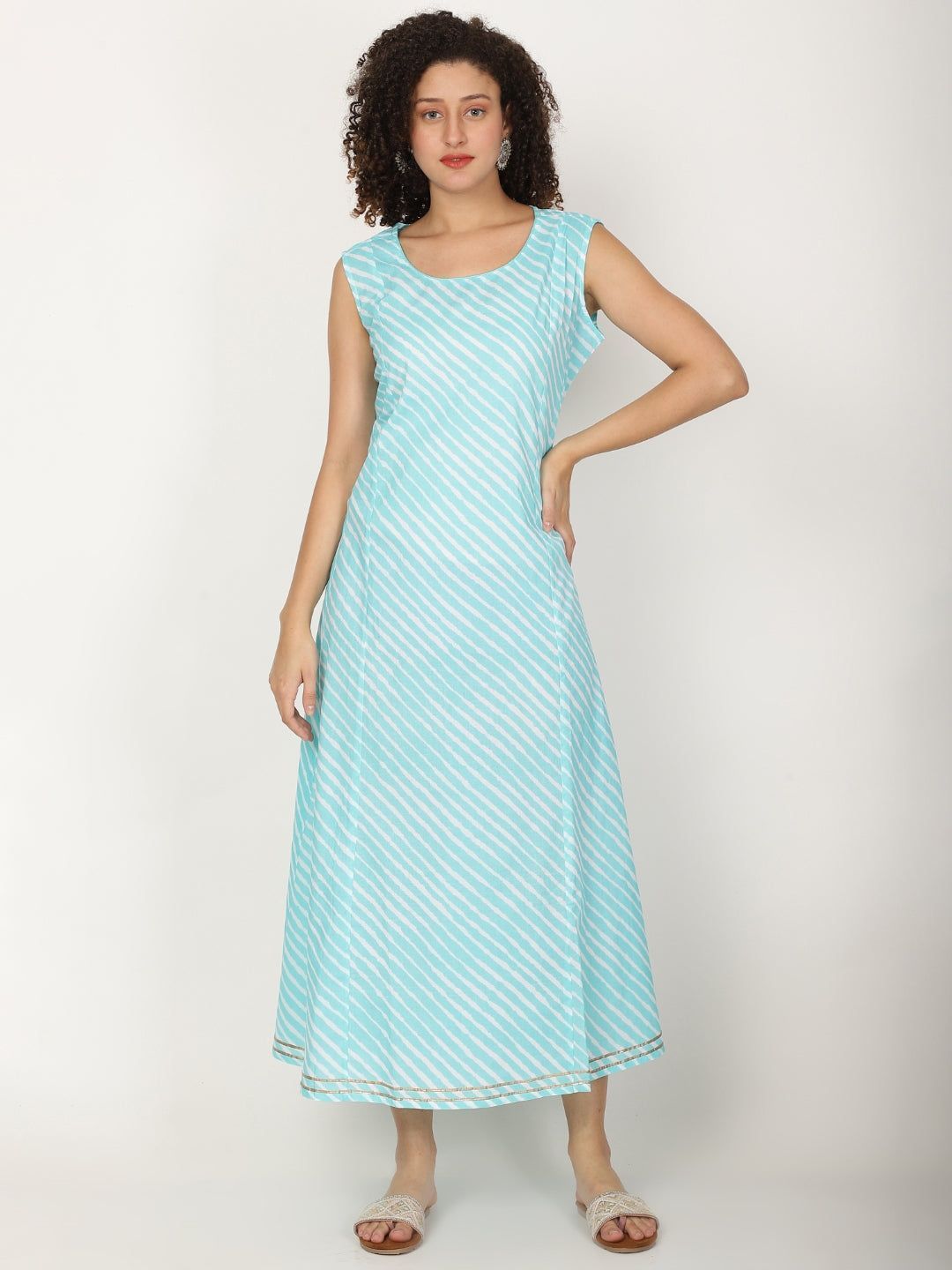 Striped Round Neck Sleeveless Cotton A-line Kurta