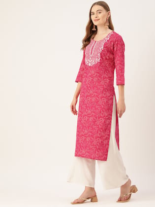 Women Floral Printed Thread Work Kurta Women Floral Printed Thread Work Kurta