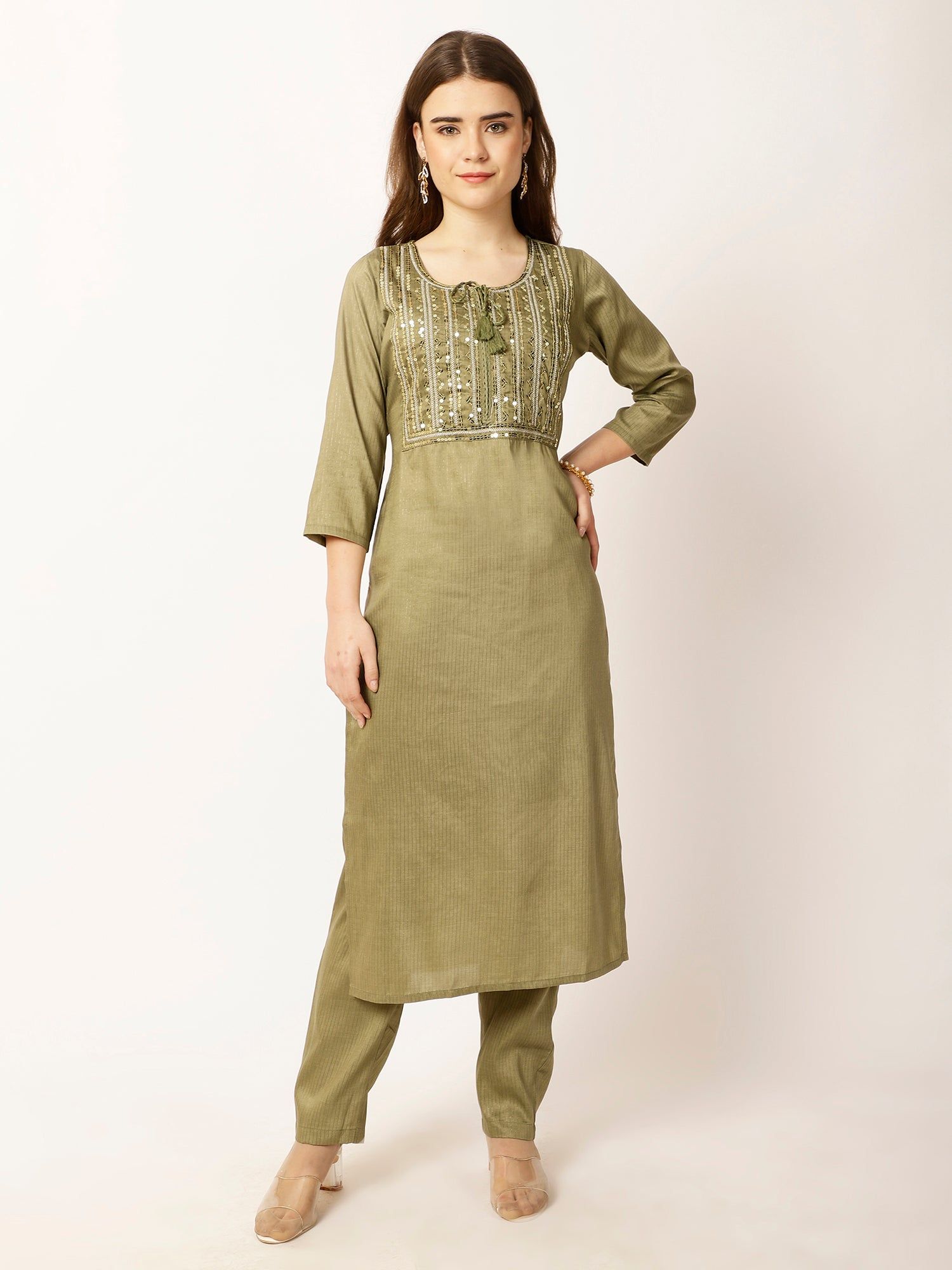 Ethnic Motifs Yoke Design Regular Sequinned Kurta with Trousers
