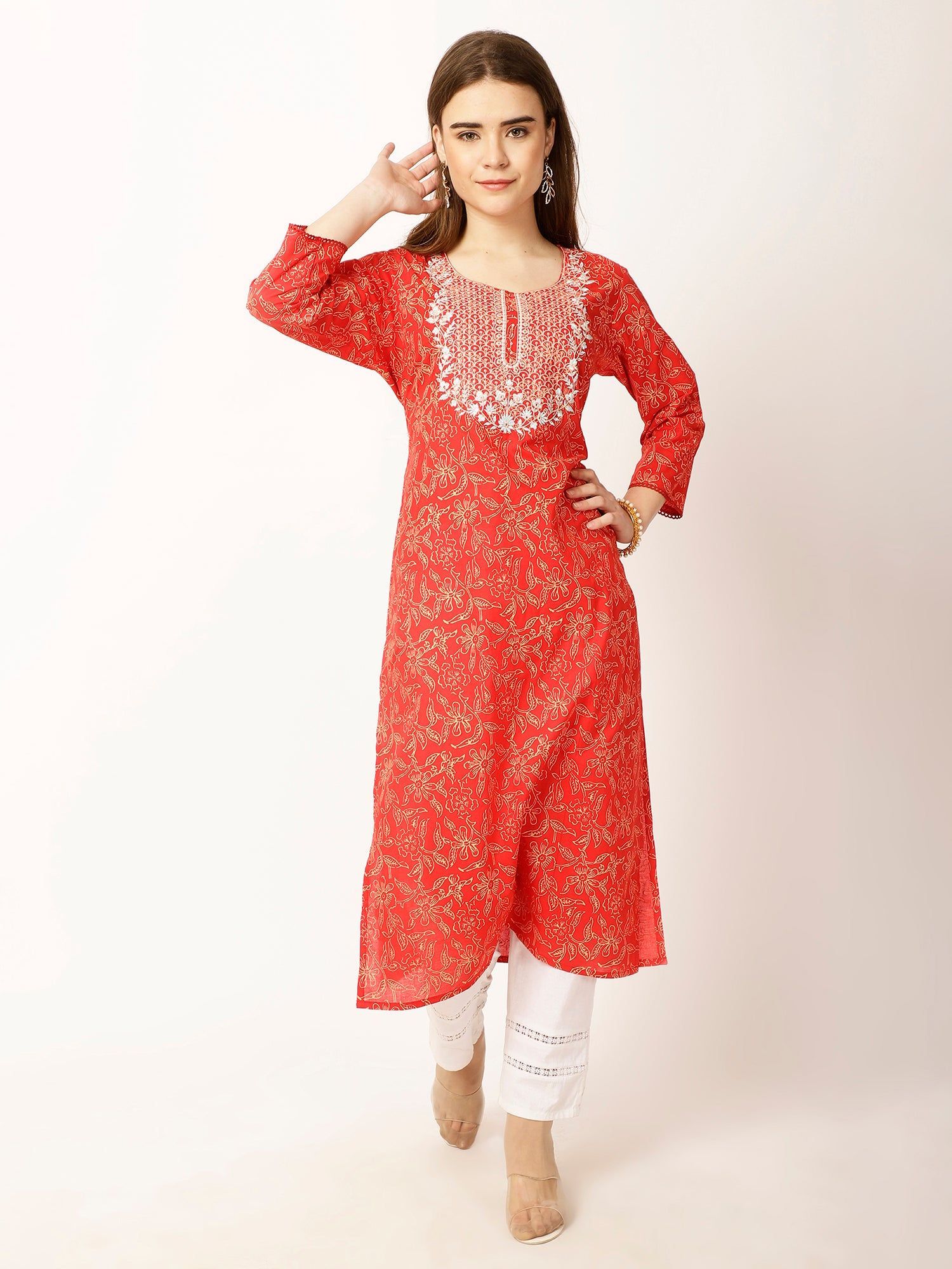 Floral Embroidered Mirror Work Kurta
