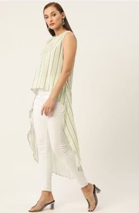 Green & Taupe Striped Crepe High-Low Longline Top Green & Taupe Striped Crepe High-Low Longline Top