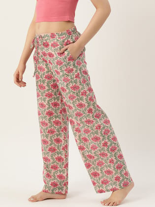 Women Floral Printed Cotton Straight Lounge Pants