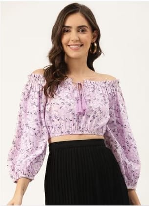 Lavender & White Floral Print Off-Shoulder Blouson Crop Top