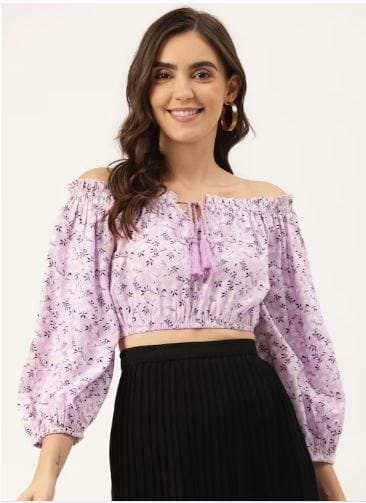 Lavender & White Floral Print Off-Shoulder Blouson Crop Top