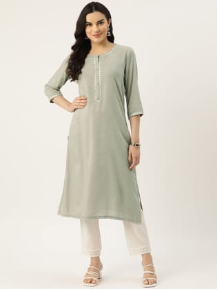 Women Geometric Yoke Design Embroidered Thread Work Kurta