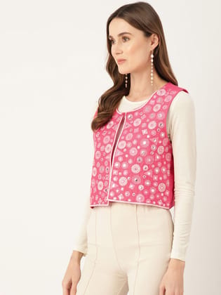 Geometric Pure Cotton Crop Tailored Jacket with Embroidered Detail Geometric Pure Cotton Crop Tailored Jacket with Embroidered Detail