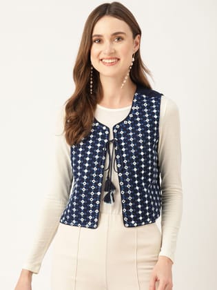 Geometric Pure Cotton Crop Tailored Jacket with Embroidered Detail Geometric Pure Cotton Crop Tailored Jacket with Embroidered Detail