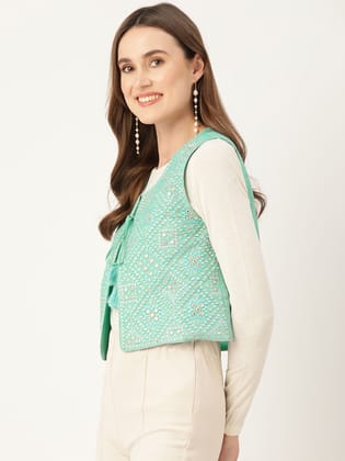 Geometric Pure Cotton Crop Tailored Jacket with Embroidered Detail Geometric Pure Cotton Crop Tailored Jacket with Embroidered Detail