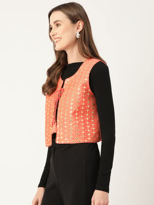 Geometric Pure Cotton Crop Tailored Jacket with Embroidered Detail Geometric Pure Cotton Crop Tailored Jacket with Embroidered Detail