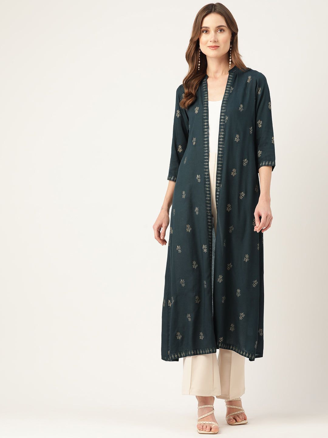 Floral Ethnic Motif Printed Open Front Longline Shrug