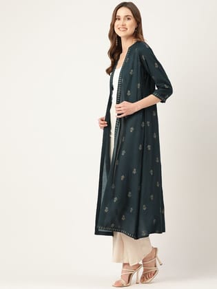 Floral Ethnic Motif Printed Open Front Longline Shrug