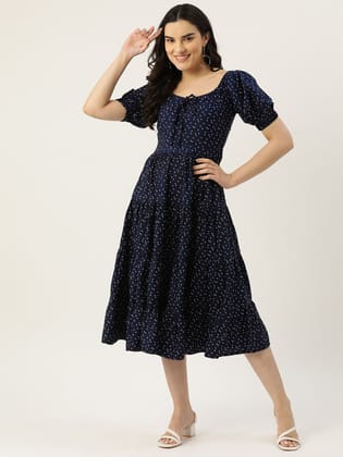 Geometric Print Tie-Up Neck Puff Sleeve Crepe Fit & Flare Midi Dress