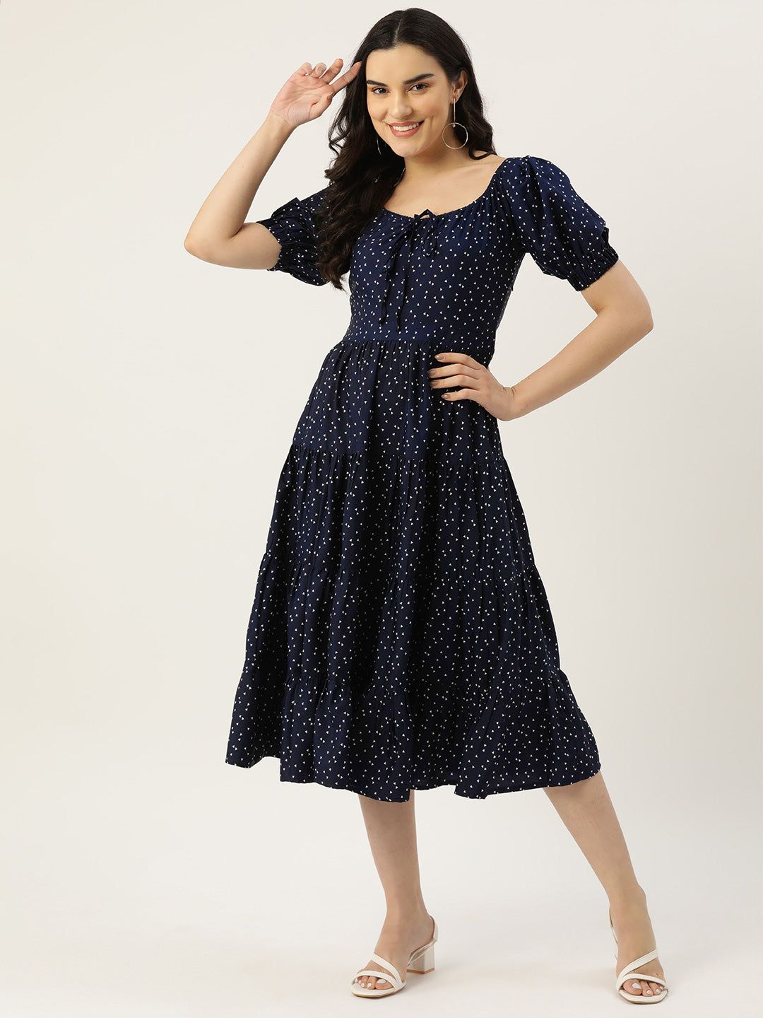 Geometric Print Tie-Up Neck Puff Sleeve Crepe Fit & Flare Midi Dress