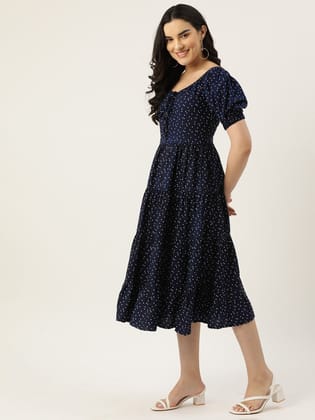 Geometric Print Tie-Up Neck Puff Sleeve Crepe Fit & Flare Midi Dress Geometric Print Tie-Up Neck Puff Sleeve Crepe Fit & Flare Midi Dress