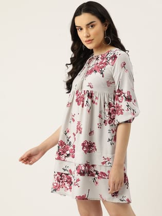 Floral Print Tie-Up Neck Bishop Sleeve Crepe A-Line Dress