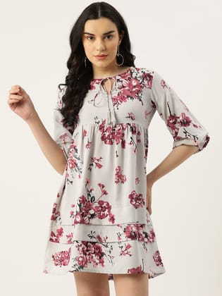 Floral Print Tie-Up Neck Bishop Sleeve Crepe A-Line Dress
