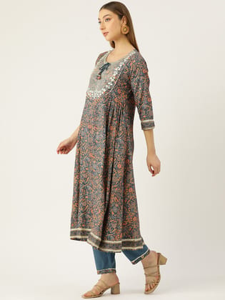 Women Blue Floral Yoke Design Pleated Gotta Patti Kurta with Trousers & With Dupatta Women Blue Floral Yoke Design Pleated Gotta Patti Kurta with Trousers & With Dupatta