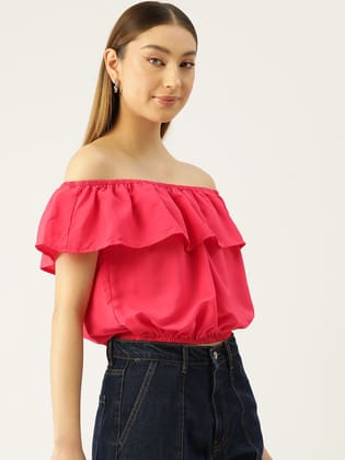 Solid Off-Shoulder Flared Sleeve Crepe Bardot Crop Top