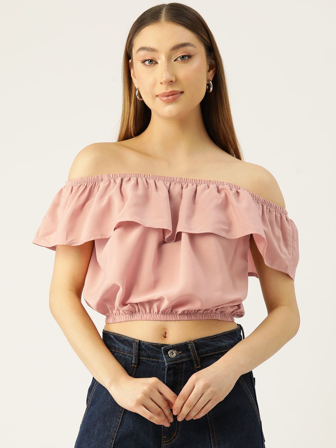 Solid Off-Shoulder Flared Sleeve Crepe Bardot Crop Top