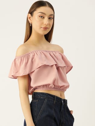 Solid Off-Shoulder Flared Sleeve Crepe Bardot Crop Top Solid Off-Shoulder Flared Sleeve Crepe Bardot Crop Top