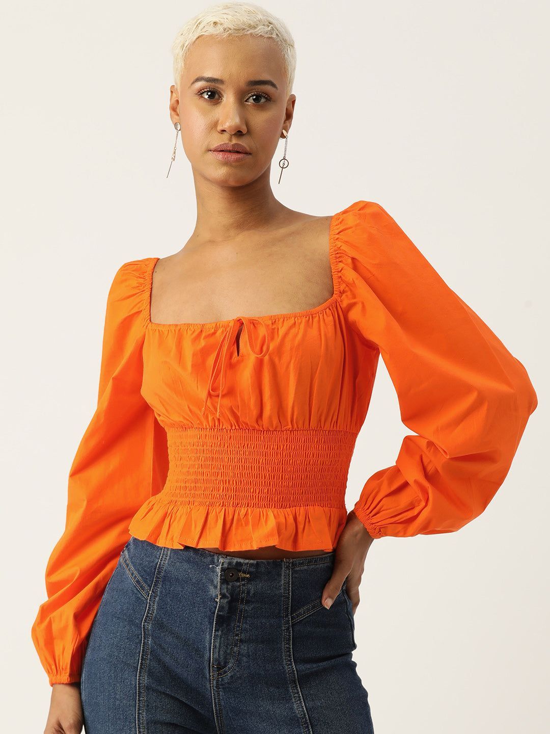 Tie-Up Neck Puff Sleeve Smocked Cotton Bardot Crop Top