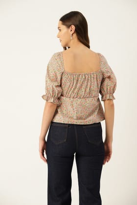 Floral Print Sweetheart Neck Puff Sleeve Cotton Top
