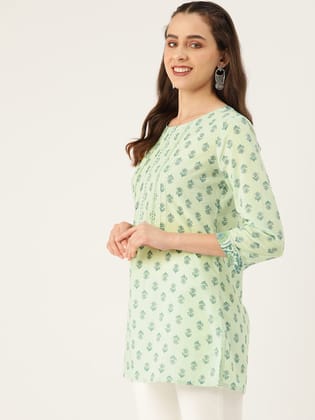 Ethnic Motifs Printed Pure Cotton Mirror Work Pleated Kurti