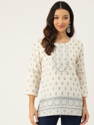 Floral Printed Pure Cotton Mirror Work Kurti