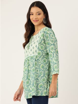 Ethnic Motifs Printed Mirror Work Pure Cotton Mirror Work Pleated Kurti