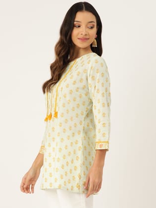 Floral Printed Mirror Work Pure Cotton Mirror Work Pleated Kurti