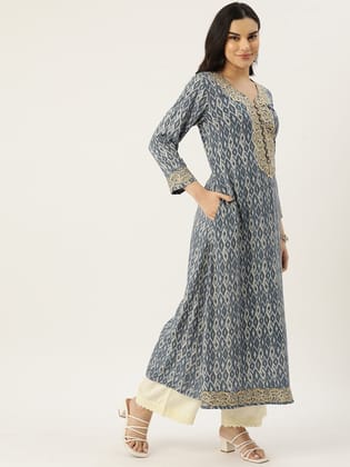 Ikat Printed Mirror Work A-Line Kurta