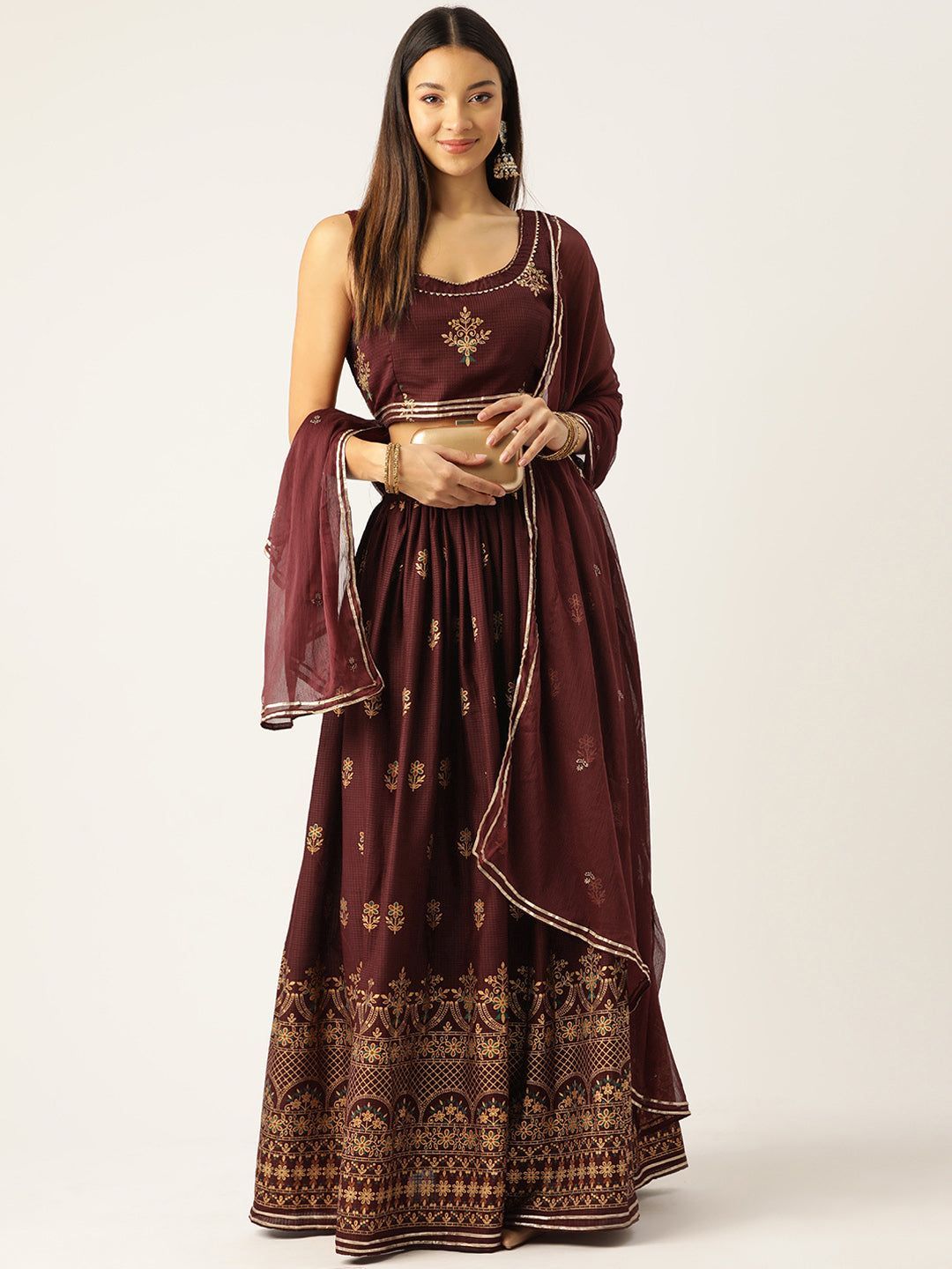 Brown and beige Ready to Wear Lehenga & Blouse With Dupatta