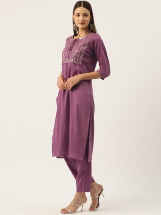 Ethnic Motifs Yoke Design Regular Sequinned Kurta with Trousers