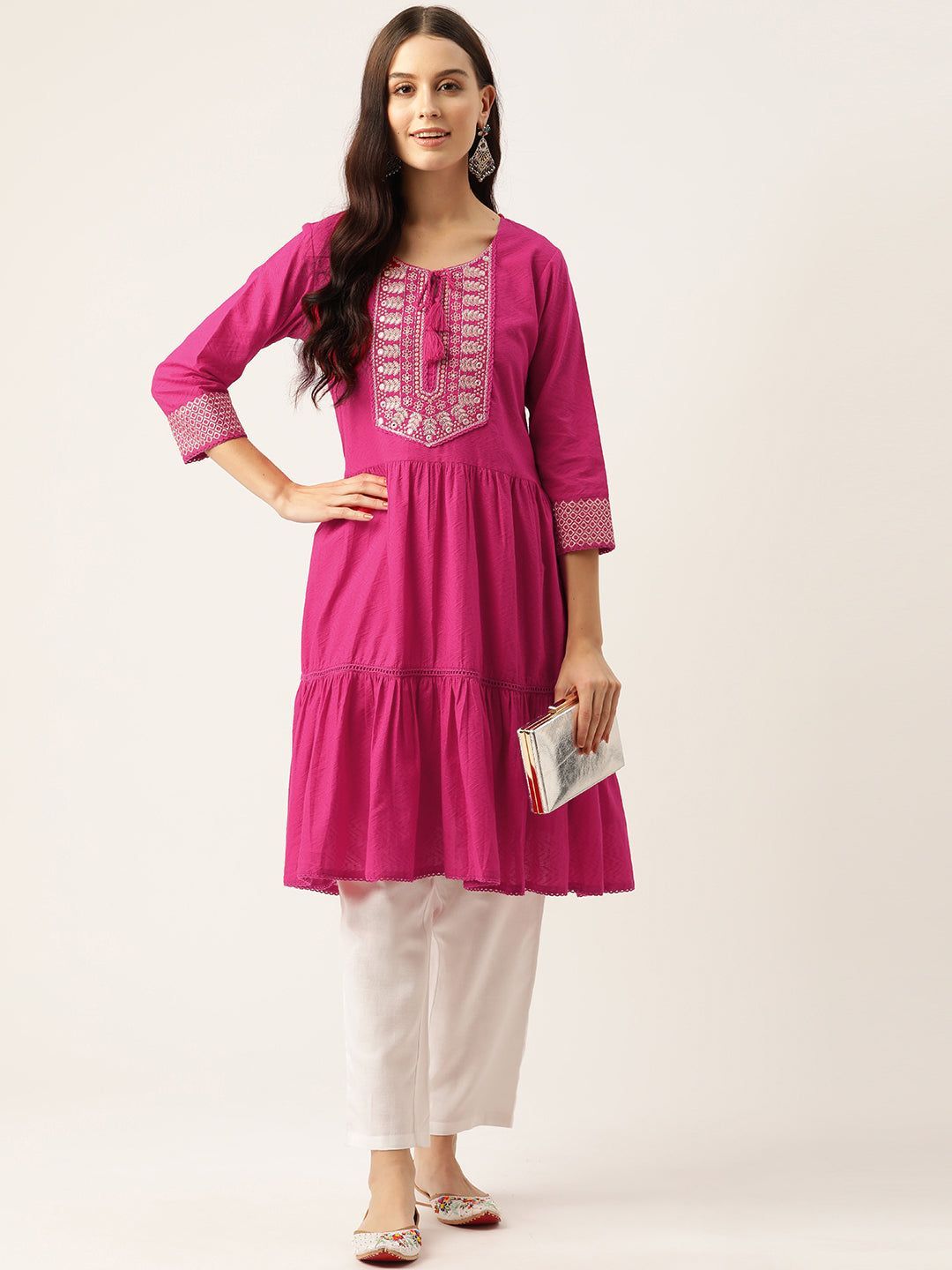 Women Floral Yoke Design Sequinned Cotton Kurta