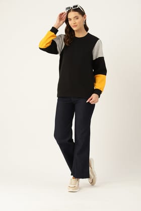 Women Black Colourblocked Pullover Sweatshirt Women Black Colourblocked Pullover Sweatshirt