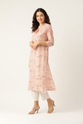 Women Peach Printed Pintuck Kurta